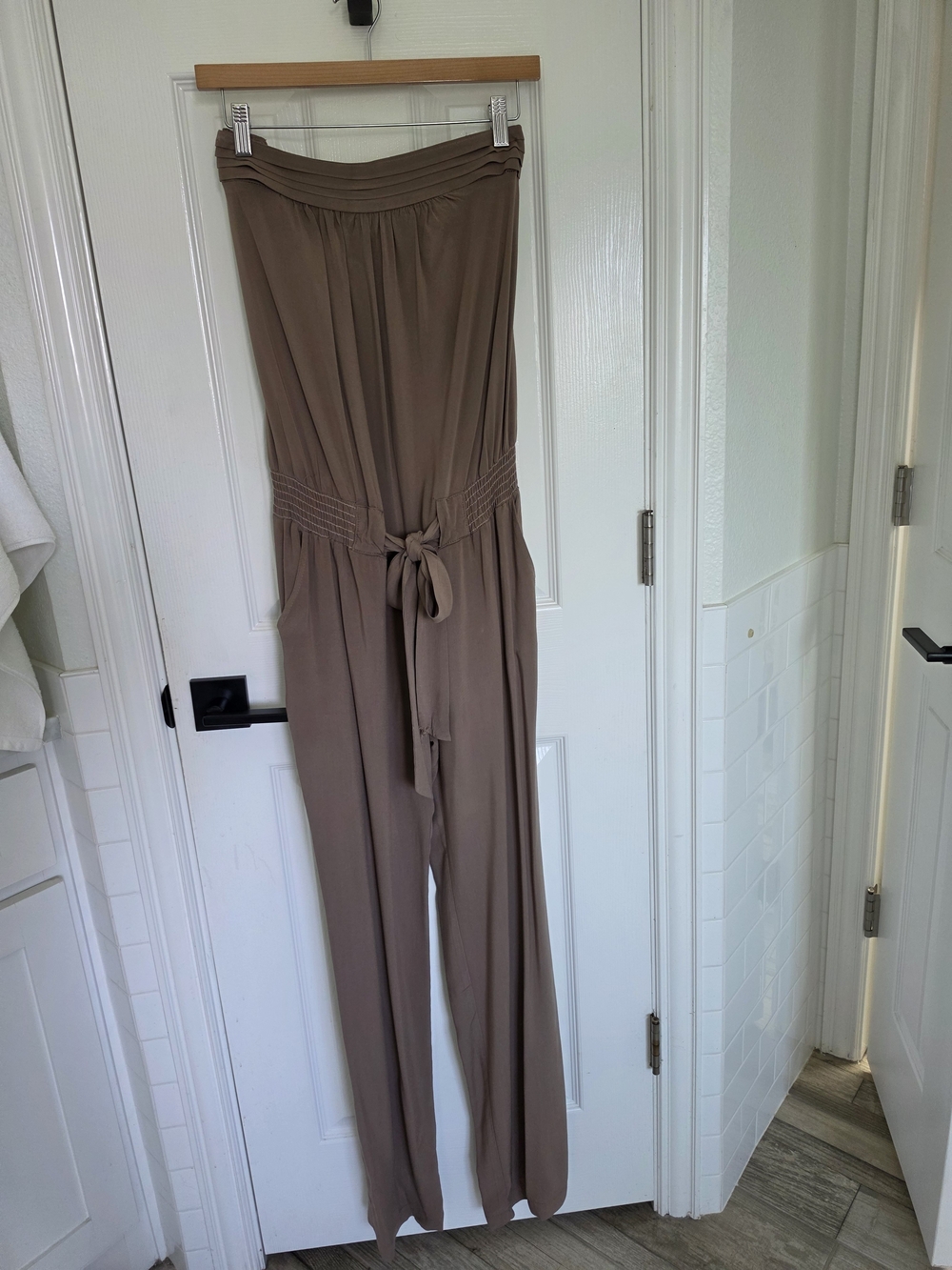 Arden B Women’s Strapless Taupe Jumpsuit with Waist Tie